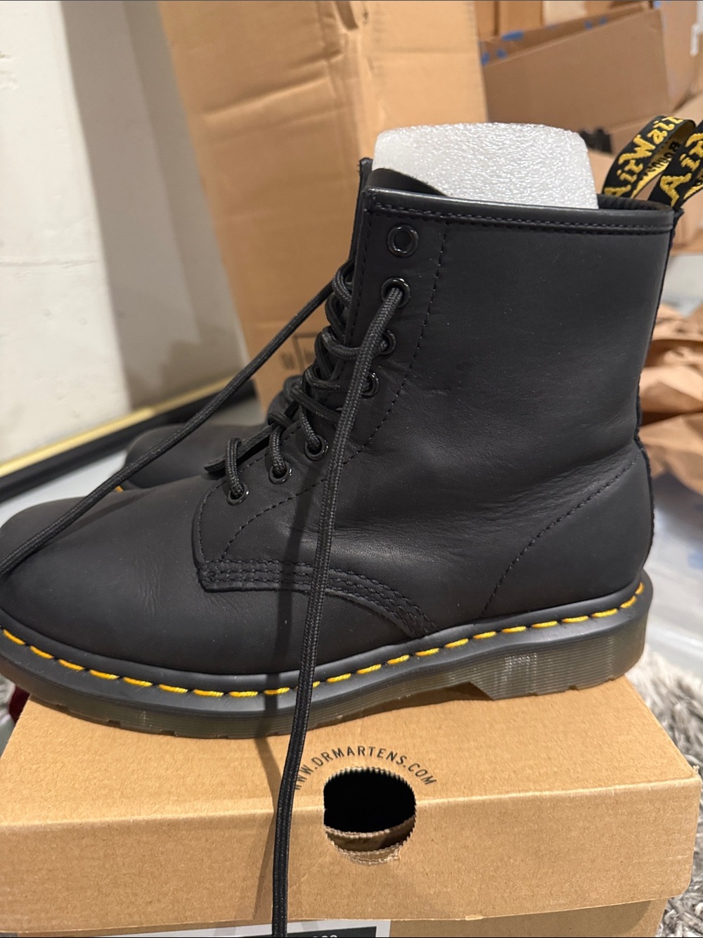 Dr. Martens Black Leather 8-Eye Boots with Yellow Stitching